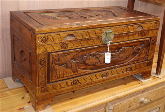 A Cantonese carved camphorwood chest W.94cm